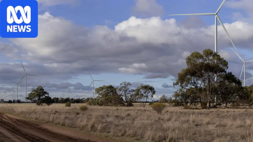 Wind turbines standing across rural farmland