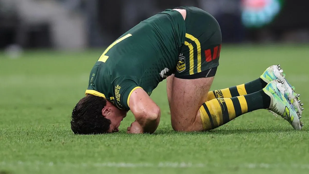 Rugby league ball on a grass playing field