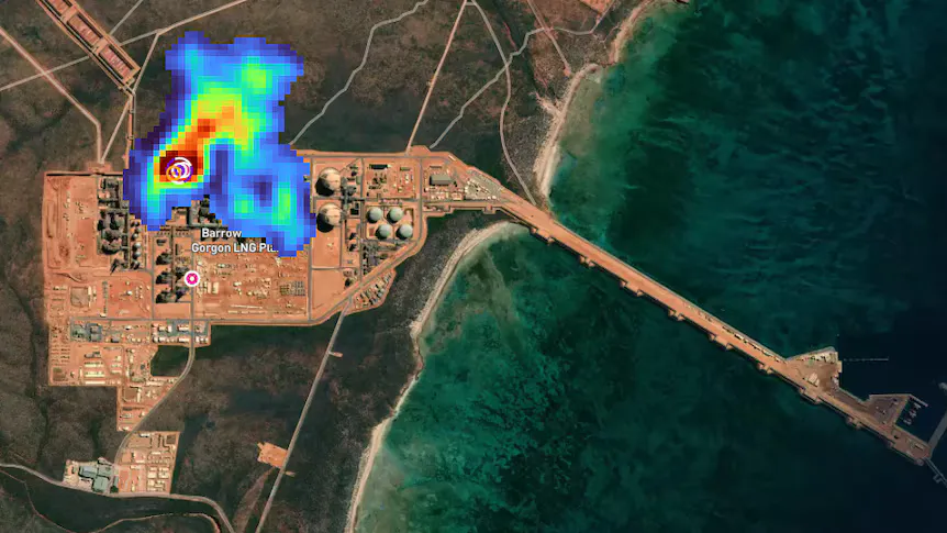 Illustration of a satellite monitoring emissions above an industrial gas facility