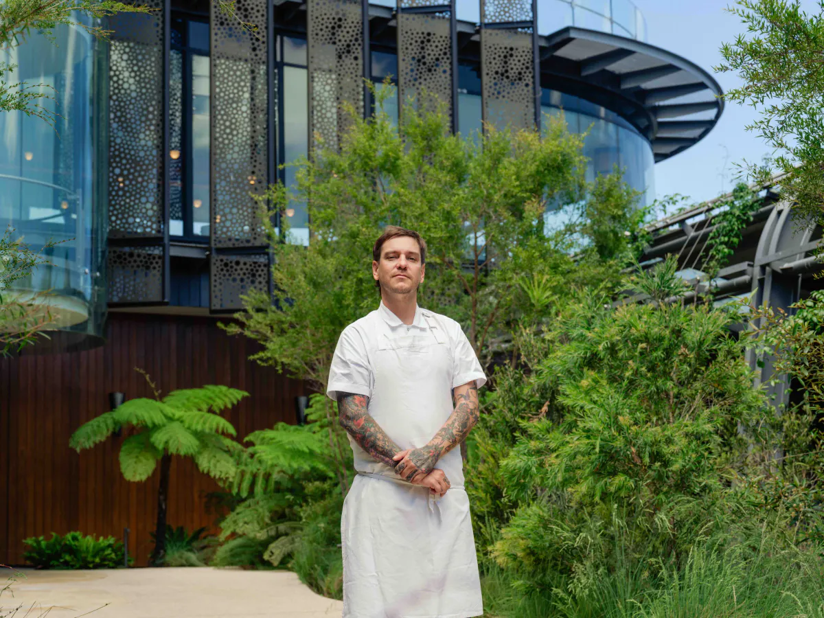 Restaurant tables set for dining overlooking Sydney Harbour