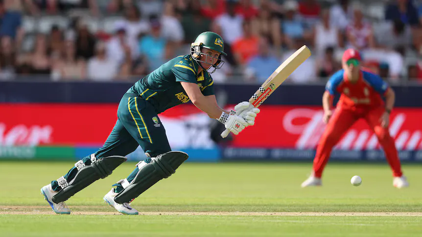 Cricket bat, ball and stumps on a grass field