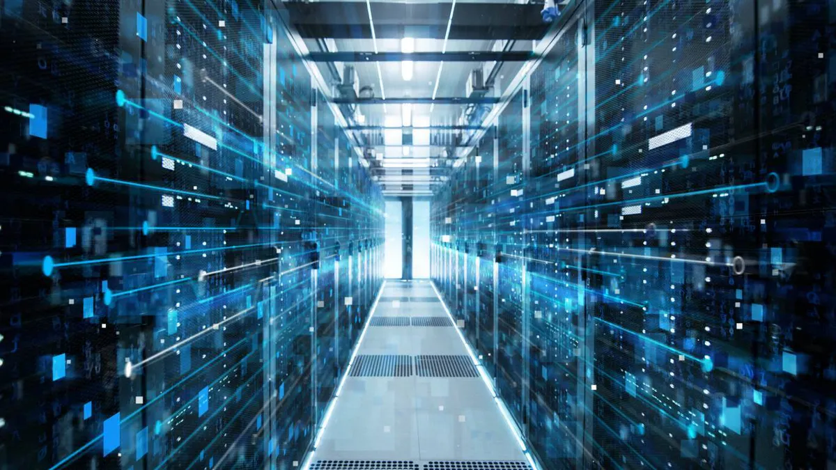 Rows of server racks inside a data centre