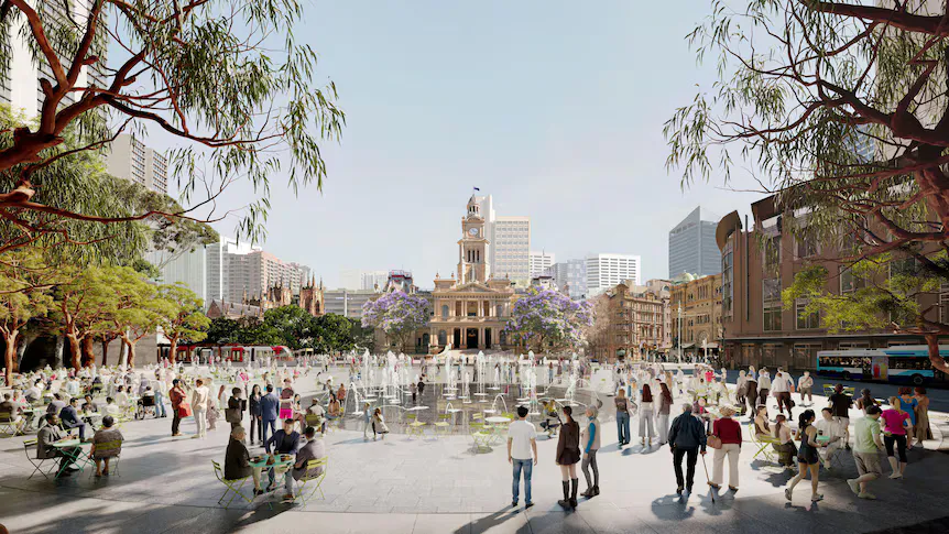 Exterior of Sydney Town Hall and the surrounding streets