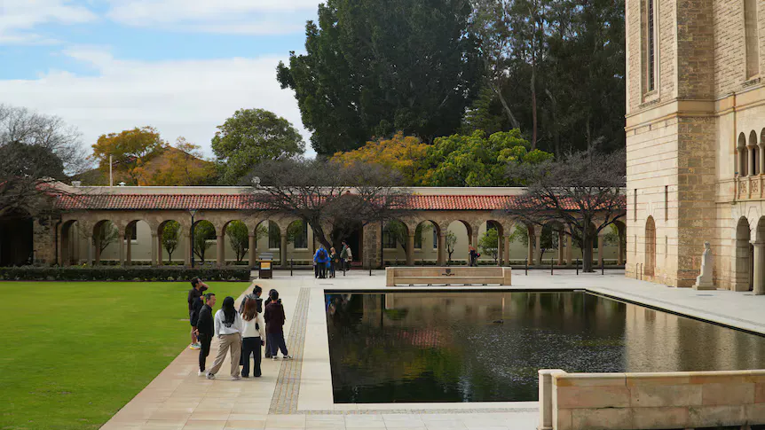 University campus buildings and pedestrian paths